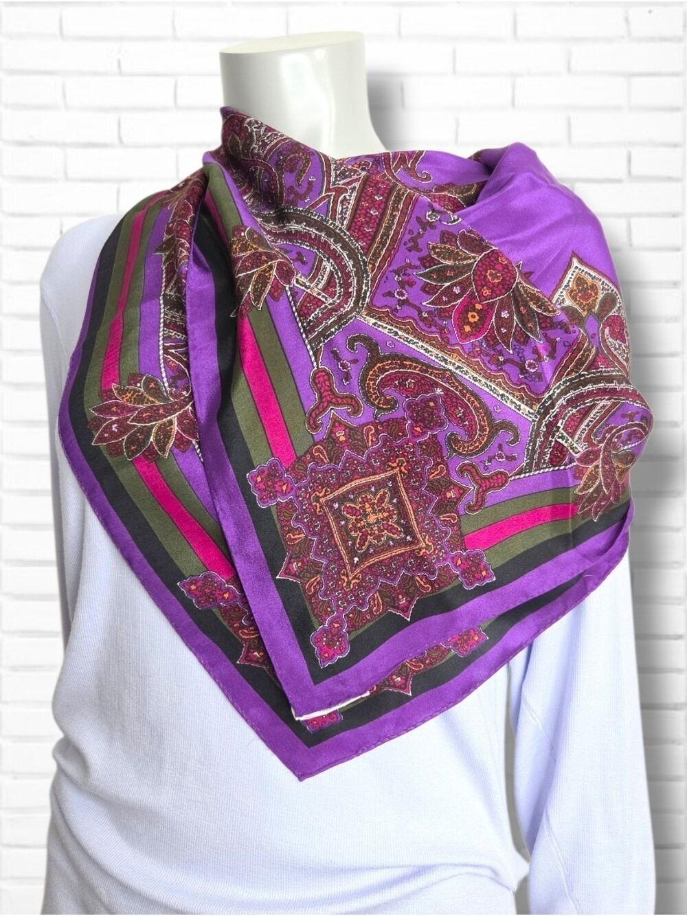 Vintage Adrienne Vittadini 100% Silk Purple Pattern Square Scarf